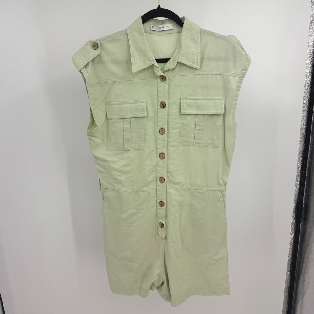 Mango MNG Women Light Green Linen Blend Utility Button Front Romper Size M 88638